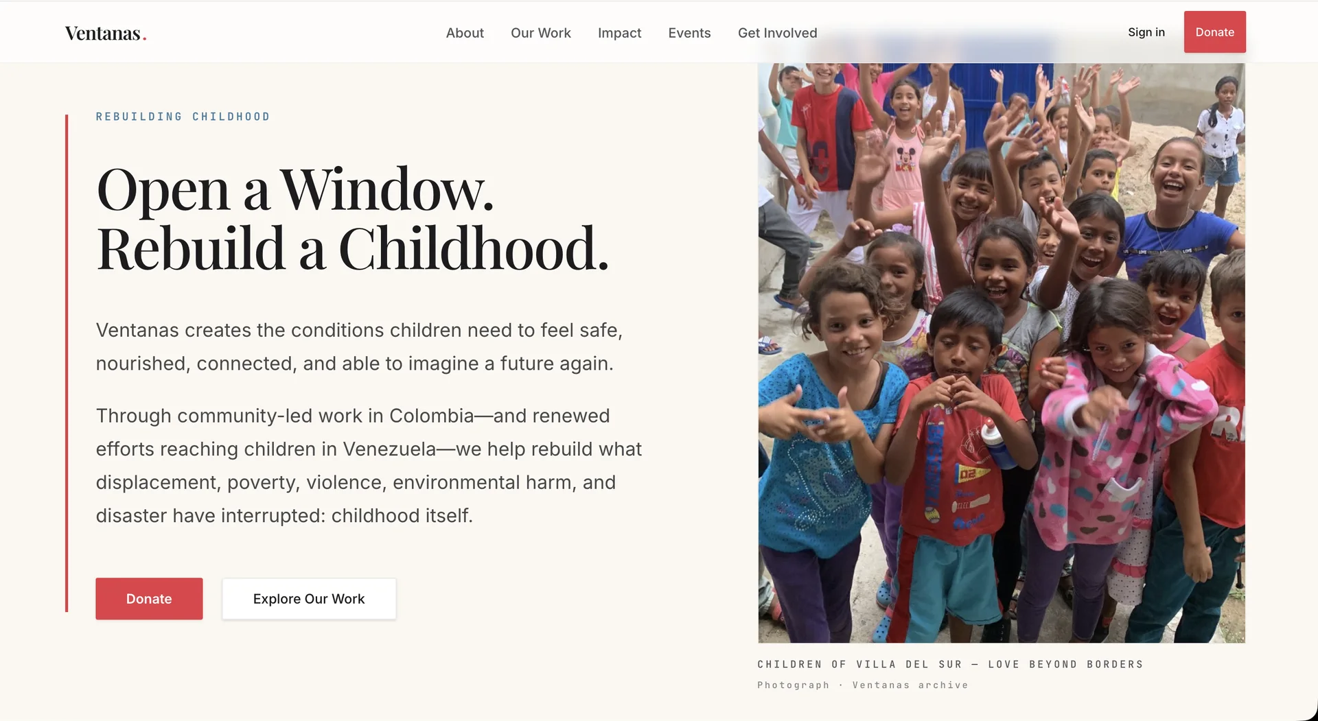 Ventana's OS public homepage in development, showing the “Open a Window. Rebuild a Childhood.” hero