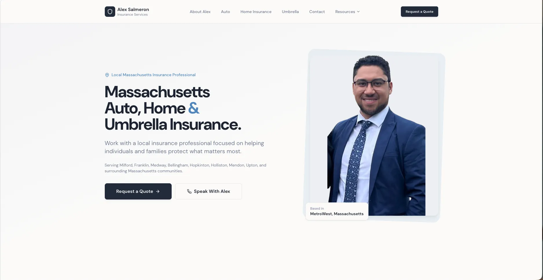 Alex Salmeron Insurance Services homepage on desktop with a Massachusetts auto, home and umbrella insurance headline and a Request a Quote call to action